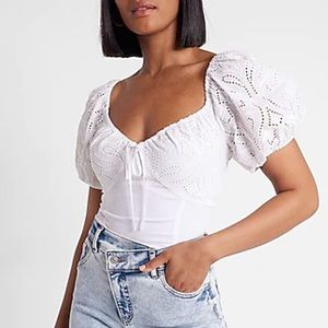 BNWT Express White Eyelet Puff Sleeve Thong Corset Bodysuit Size XL